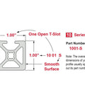 10 Series 1x1 Inch T Slotted Aluminum Extrusion Rail For Linear Guides And CNC Projects, 6063-T6 Aluminum, Clear Anodized Finish, 18 Inch Length, Smooth Profile, Built Tough For DIY Makers., 1.00 x 1.00 in profile diagram with one open T-slot