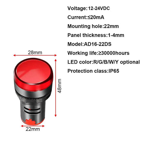 Red LED indicator light from 12-Pack 22mm LED Indicator Lights 12-24V AC DC Pilot Signal Lights 20mA 2-Pin panel indicators set.