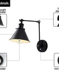 Swing Arm Wall Lamp Set Of 2, Adjustable Black Wall Sconce Hardwired, Modern Industrial Task Lighting, detailed components view