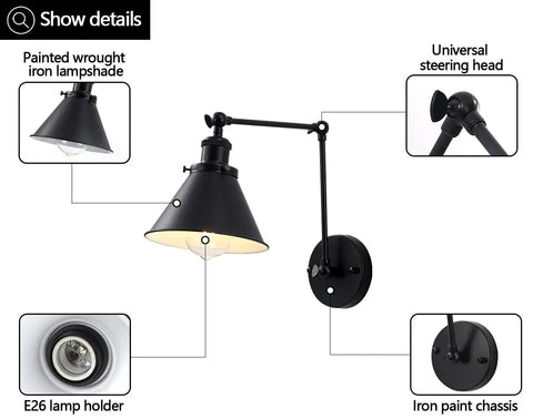 Swing Arm Wall Lamp Set Of 2, Adjustable Black Wall Sconce Hardwired, Modern Industrial Task Lighting, detailed components view
