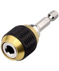 Quick-Release hex shank bit holder with magnetic self-locking drill extension; silver and black knurled grip