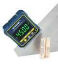 Killer Precision Digital Angle Gauge Featuring Rock Solid Magnetic Base And Crisp Backlit Display For Serious Woodworking Carpentry and DIY Garage Projects positioned on a steel surface.