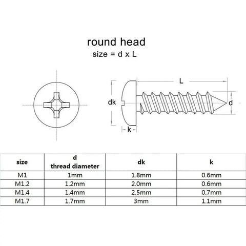 Heavy Duty Micro Self Tapping Screws Pan Head Carbon Steel Black Finish 1000 Pack with round head dimensions and sizes.