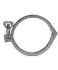 Stainless steel sanitary clamp, front view, single-pin tri-clamp, 4 in. tube OD.