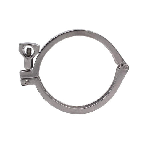 Stainless steel sanitary clamp, front view, single-pin tri-clamp, 4 in. tube OD.