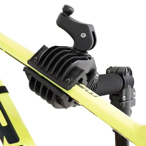 Close-up of heavy duty clamp on Mechanic Bike Repair Stand With Adjustable Height And Tilt Pro Grade Quick Release 360 Degree Rotation