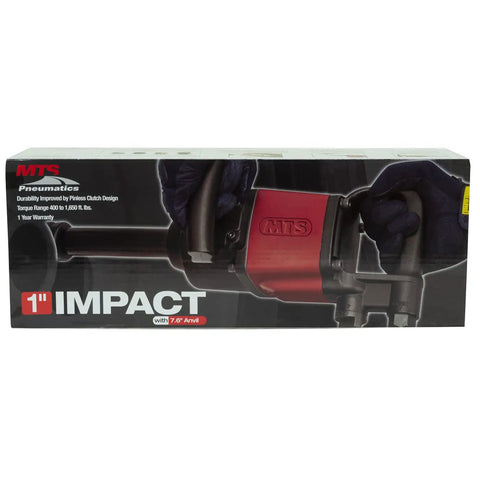 Heavy Duty 1 Inch Drive Pneumatic Impact Wrench With Extended 7.6 Inch Shank For Deep Rim Access Pinless Clutch 20 Inch Tool Length Red Finish Half Inch Air Inlet Half Inch Hose One Year Warranty, boxed