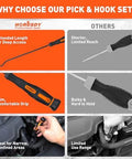HORUSDY 8-piece automotive hook and pick set with orange extended-length tools and slim black handles.