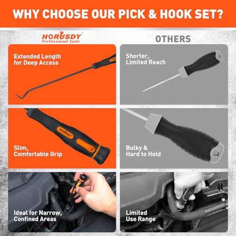 HORUSDY 8-piece automotive hook and pick set with orange extended-length tools and slim black handles.