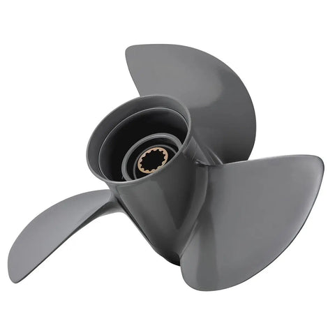 Aluminum Outboard Boat Propeller For 35 To 60 HP Motors Three Blade Right Hand Rotation Gearcase Thirteen Spline Diameter Eleven And One Eighth Inches Pitch Fourteen Inches