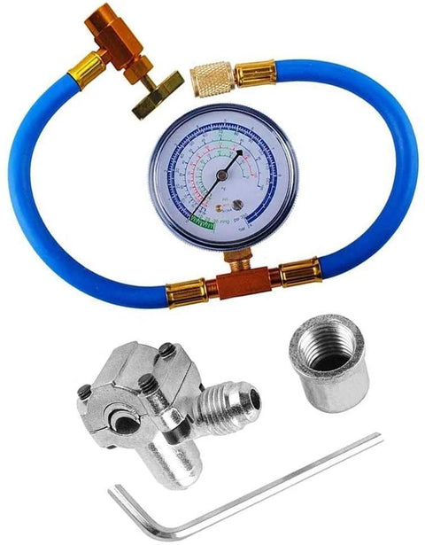 BPV-31 bullet piercing valve kit with blue hose, gauge, brass adapters; 4-piece HVAC line tap set