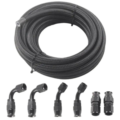Top Grade E85 Ready Nylon Braided PTFE Fuel Line Kit With Swivel Hose Ends In An6 An8 And An10 Sizes For Hot Rigs And Street Racer Builds Featuring Long 10ft Length In Durable Black Finish To Upgrade Your Ride Today. coiled black 10ft PTFE fuel hose kit with AN6 AN8 AN10 swivel fittings