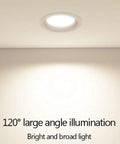 Adjustable LED recessed downlight showcasing 120° angle illumination, ideal for versatile lighting in any room.