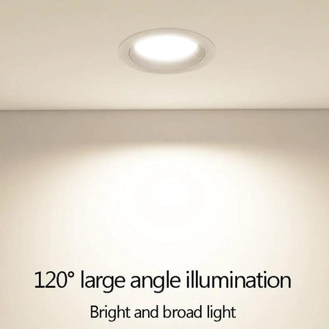 Adjustable LED recessed downlight showcasing 120° angle illumination, ideal for versatile lighting in any room.