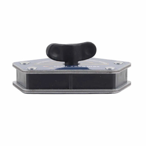 Solid One Button Degaussing Magnetic Welding Locator For Steel And Iron Pipe With 25 Kilos Suction Power viewed from the side with release handle.