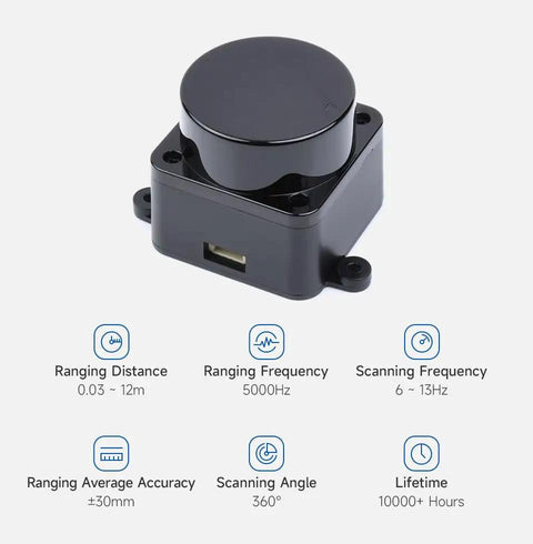 D500 LiDAR Kit with 360 Degree Scanning and 12 Meter Range, shown front view, featuring compact design for SLAM robotics and 3D mapping