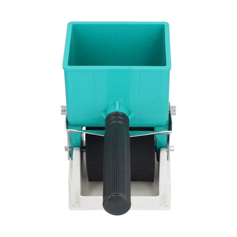 Portable Adhesive Roller Drum For Woodworking Projects Delivers Slick Glide Of Liquid Glue Over Pvc And Latex Veneer Preventing Zero Drip Nonsense While Guaranteeing Hella Smooth Application, front view of turquoise applicator.