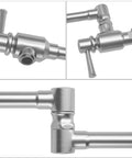 Close-up of Pro Grade Stainless Steel Pot Filler Faucet For Wall Mount Kitchen Sink joints and handles in 304 stainless steel.