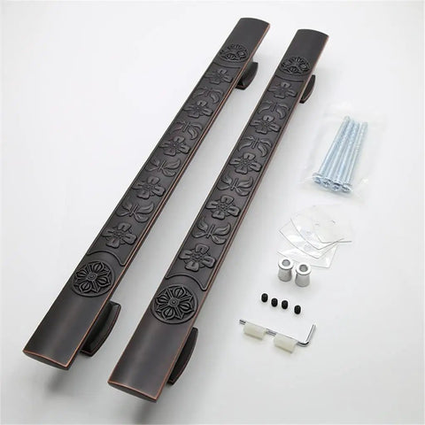 Dope Black Antique Glass Knob Door Handle And Barn Pull For Wood Doors Closets Cabinets And Drawers, shown with installation parts