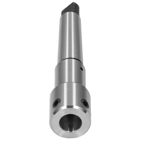 Side view of annular cutter arbor MT3 to 3/4 in Weldon shank, drill press extension adapter, metal silver finish