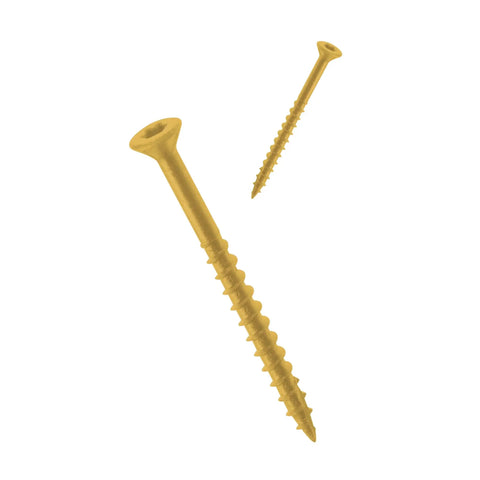 Job Site Hero Number 8 By 3 Inch Deck Screws With Torx Driving Head And Tan Rust Beating Coating For Tough Outdoor Builds 250 Count Pack Drops Right In, showing two screws.