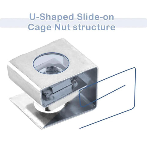 Close-up of U-shaped slide-on cage nut structure from 20 Pack Slip On Lock Nuts 10 32 Thread Zinc Plated Steel Furniture T Nuts.