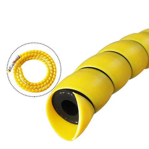Yellow Dog And Cat Cord Protector Sleeve 32.8Ft Total 10Mm Wire Guard For Chewing Prevention shown with spiral design close-up.