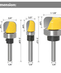 Three Piece 1/4 Inch Shank Bowl And Tray Template Router Bit Set With Ball Bearing For Dish Carving And Woodworking dimensions