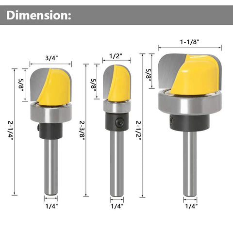 Three Piece 1/4 Inch Shank Bowl And Tray Template Router Bit Set With Ball Bearing For Dish Carving And Woodworking dimensions