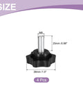 Front view of 4-pack M8x25mm star knobs, black plastic hex-shaped clamping knobs for umbrella base replacement