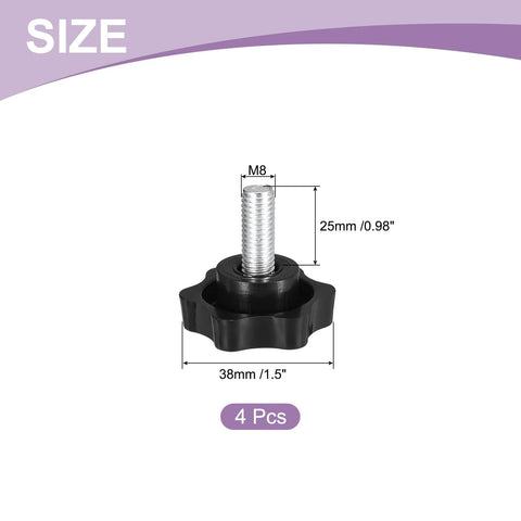 Front view of 4-pack M8x25mm star knobs, black plastic hex-shaped clamping knobs for umbrella base replacement