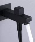 Close-up of sleek black wall-mounted valve from the Dope Black Wall Mounted Bathroom Shower Combo That Steps Up The Game With A Bold Ten Inch Rain Head And Easy Grip Handheld Sprayer Plus Triple Setting Mixer Valve For Your Ultimate Hot Shower.
