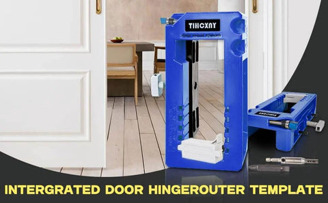Blue Door Hinge Jig And Router Template For 3 To 5 Inch Hinges next to a door, showing precise installation tools.