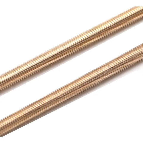 Close-up of Brass M5x50mm Stud Bolt Kit Full Threaded Rods With 5 Studs 10 Hex Nuts 10 Washers DIY Ready Hardware C38000 CuZn40Pb2 CW617N
