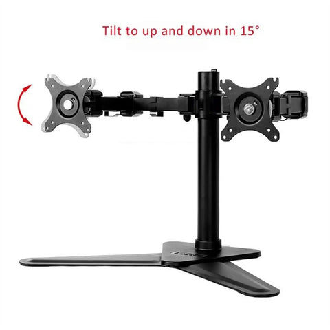 Heavy Hitter Dual Monitor Stand Free Standing Desk Mount For Two Screens Up To Thirty Inches with adjustable arms.