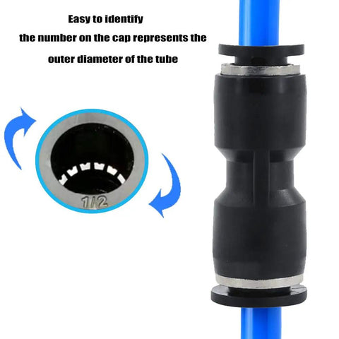Push To Connect Pneumatic Fittings 1/2 Inch Quick Connector Union Straight 1/2 Inch Tube OD Durable PBT Plastic with cap marking visible