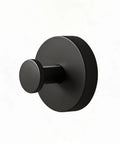 Heavy Duty Bathroom Wall Hook With Adhesive Or Screw Mount Rock Solid Rust Proof Metal Coat Rack, black round design.
