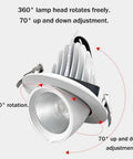 Premium Led Recessed Ceiling Light 360 Degree Adjustable Spotlight with chrome trim, showing 360° rotation and 70° tilt features.