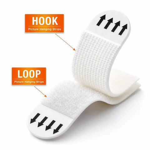 Close-up of Large Picture Hanging Strips 28 Pairs 56 White Strips Heavy Duty Adhesive Hook and Loop Tape Removable Damage Free Wall Hangers