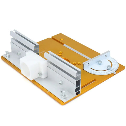 Heavy Duty Aluminum Router Table Insert Plate With Easy Mount Slide Brackets And Bullseye Miter Gauge Fence angle view, 240x200mm, anodized finish.