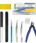 13 Piece Model Tools Kit For Hobbyists Beginner Friendly DIY Set with pliers, tweezers, blades, and storage box displayed