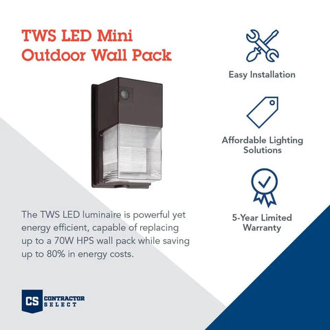 Outdoor LED Wall Pack Light With Dusk To Dawn Photocell, 5000K Daylight, 120-277V, Bronze Finish, energy-saving features.