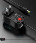 Universal 24W AC DC Wall Wart Power Adapter With 8 Interchangeable Tips, dimensions and cord detail shown