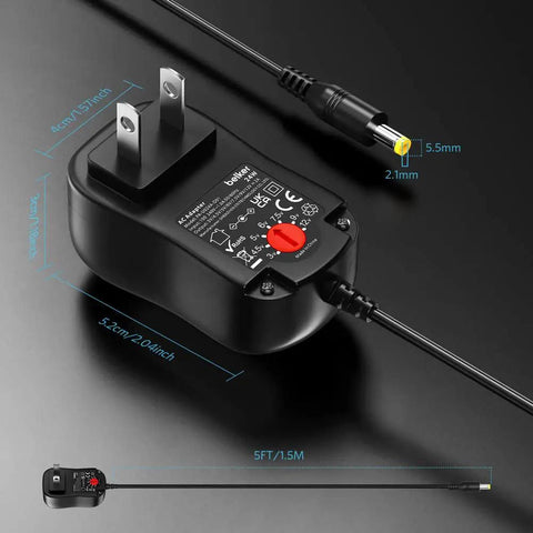 Universal 24W AC DC Wall Wart Power Adapter With 8 Interchangeable Tips, dimensions and cord detail shown