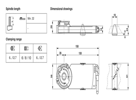 Built Tough Modulating Damper Actuator With Rock Solid 2Nm Torque And Dual AC DC 24V Support For Smooth HVAC Duct Management Featuring Precise Position Feedback For No Fuss Quick Setup dimensional drawing with measurements and specifications