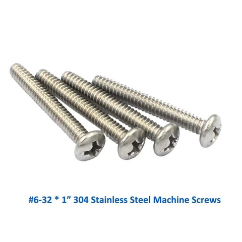 Workhorse Grade Heavy Duty 145 Piece 304 Stainless Steel Machine Screw Assortment Kit With Phillips Head Fully Threaded 6-32 Bolts In Mixed Lengths For Tough Builds, showing four 1" long stainless steel screws.