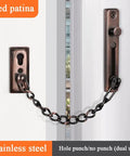 Premium Stainless Steel Door Chain Lock With Heavy Duty Sliding Bolt Gate Latch Hardware For Knockback Entry Security And Tough Outdoor Rust Free Daily Grind Protection, showing red patina finish and chain attachment.