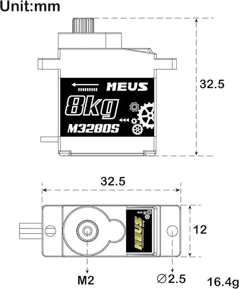 Technical diagram of Heavy Duty 25T Metal Gear Steering Servo for TRX4M, showing dimensions, torque rating, and design components.