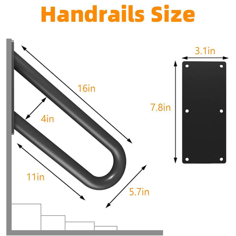 Boss Grade Rock Solid Wall Mount Hand Rail No Sweat Grip U Shape Safety Grab Bar For Indoor Outside Porch Steps Garage Entryway 16 Inch Durable Steel Stair Handle dimensions showing 16 inch steel grab bar and mounting plate size.