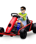 Child driving red 12V Kid Friendly Go-Kart With Dual 300W Brushless Motors, Drift-Ready Electric Kart That Hits 8 MPH
